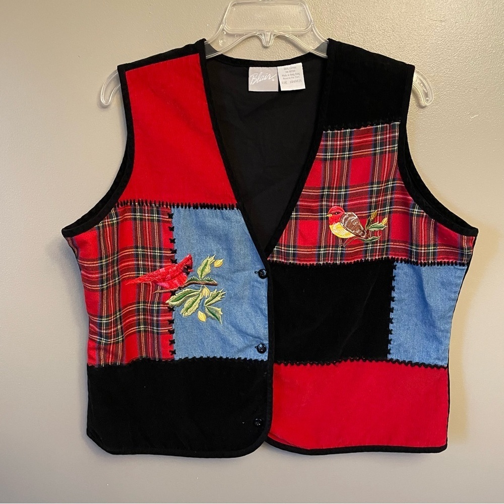 Vintage 90s Holiday Christmas cardinal plaid velvet Ugly Party Vest Large red